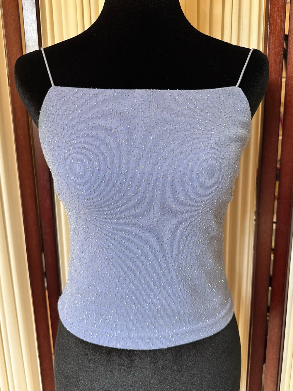 VTG Y2K Jodi Kristopher Backless Glitter Crop Top Periwinkle Blue Open Back Cami